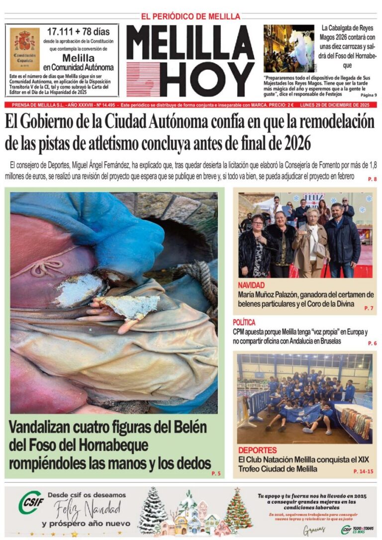 Portada del periódico Melilla Hoy del 29 de diciembre de 2025.