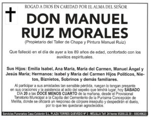 Anuncio de fallecimiento de Don Manuel Ruiz Morales con detalles familiares.