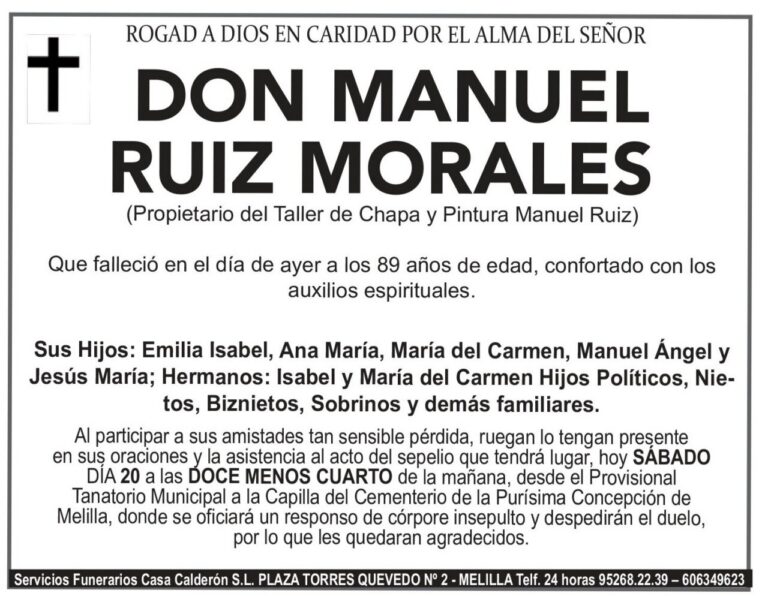 Anuncio de fallecimiento de Don Manuel Ruiz Morales con detalles familiares.