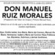 Anuncio de fallecimiento de Don Manuel Ruiz Morales con detalles familiares.