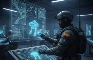 Soldado interactuando con pantallas sobre inteligencia artificial militar