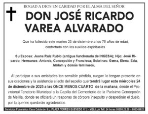 Esquela de Don José Ricardo Varea Alvarado con detalles sobre su fallecimiento.