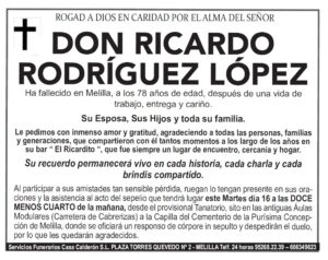 Esquela en memoria de Don Ricardo Rodríguez López fallecido en Melilla