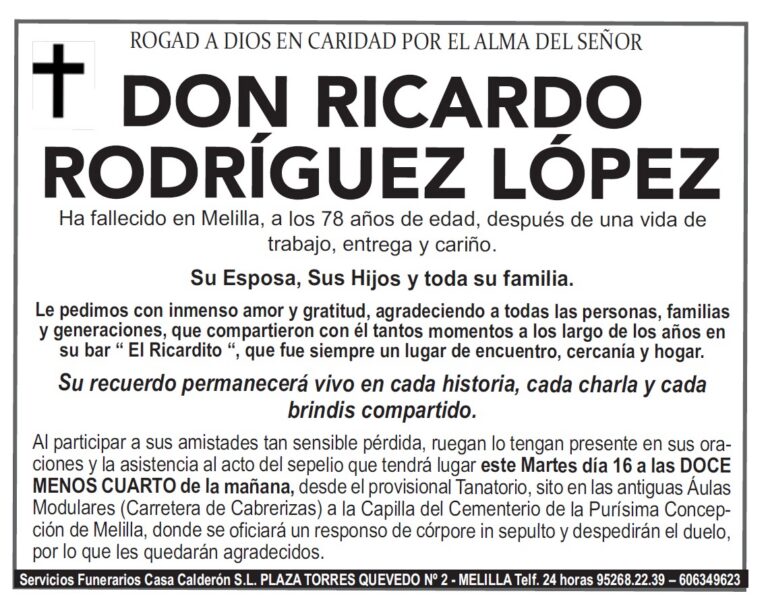 Esquela en memoria de Don Ricardo Rodríguez López fallecido en Melilla