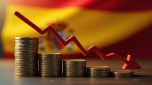 Gráfico de descenso económico con monedas y bandera de España de fondo