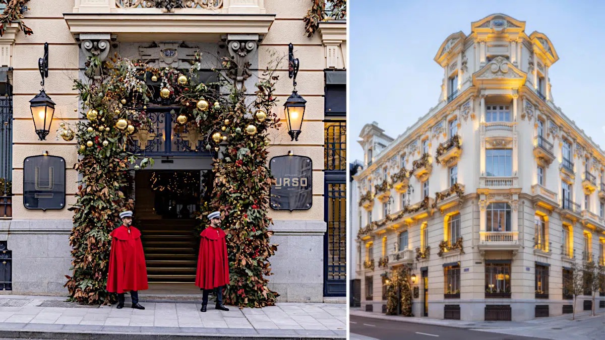 Decoración navideña en la entrada de un hotel en Madrid