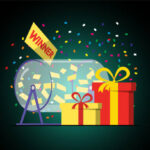 Bola de lotería con premios y confeti en fondo oscuro