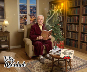 Hombre leyendo un libro de cuentos navideños en una sala decorada.
