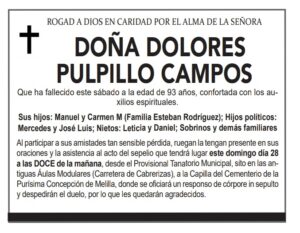 Obituario de Doña Dolores Pulpillo Campos con detalles sobre su fallecimiento.