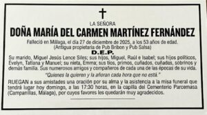 Obituario de Doña María del Carmen Martínez Fernández en Málaga