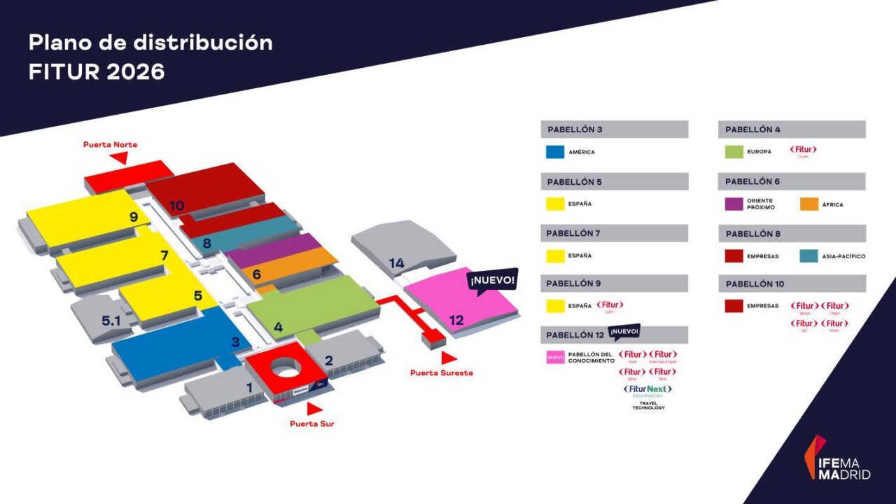 Mapa del plano de distribución de FITUR 2026 en IFEMA Madrid.