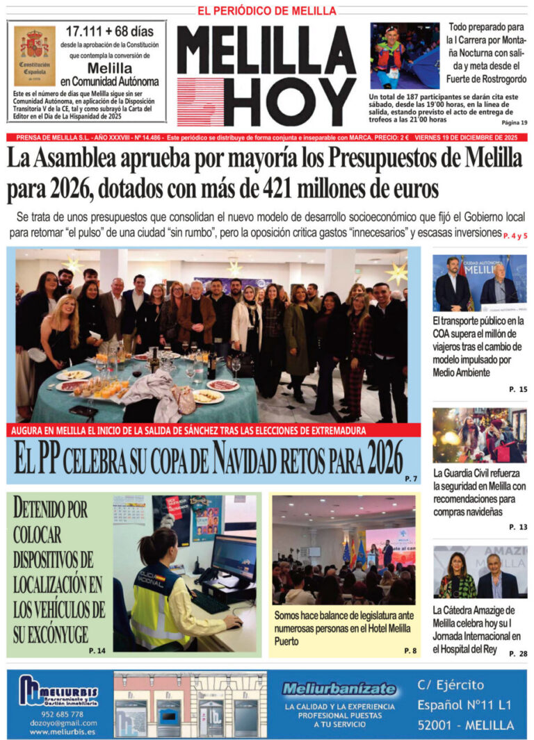 Portada del periódico Melilla Hoy del 19 de diciembre de 2025