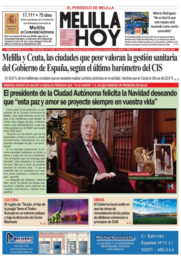 Portada del periódico Melilla Hoy con noticias locales y felicitaciones navideñas.