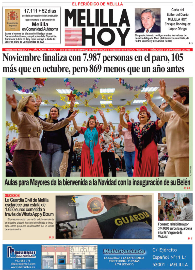 Portada del diario Melilla Hoy del 3 de diciembre de 2025