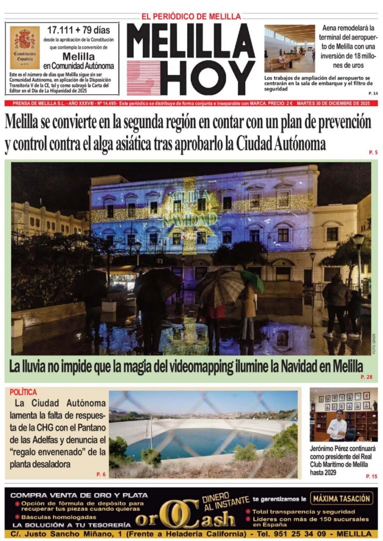 Portada del periódico Melilla Hoy con videomapping navideño