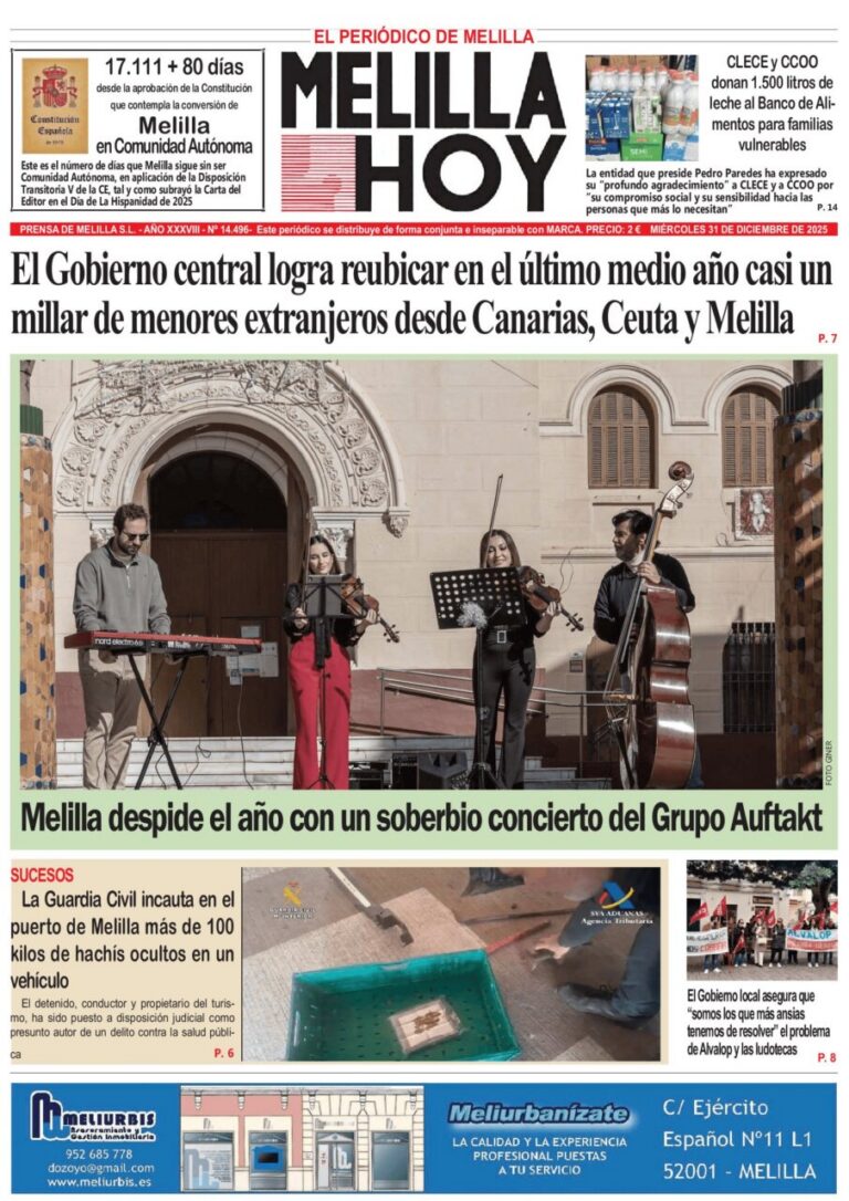Portada del periódico Melilla Hoy con noticias locales y un concierto