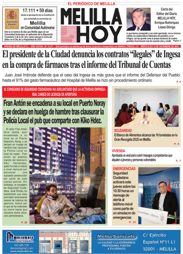 Portada del periódico Melilla Hoy del 10 de diciembre de 2025