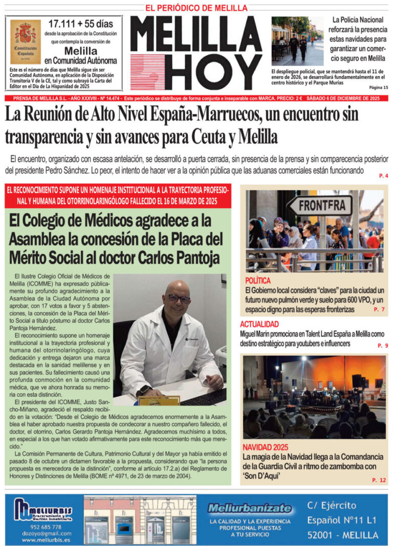 Portada del periódico Melilla Hoy del sábado 6 de diciembre de 2025