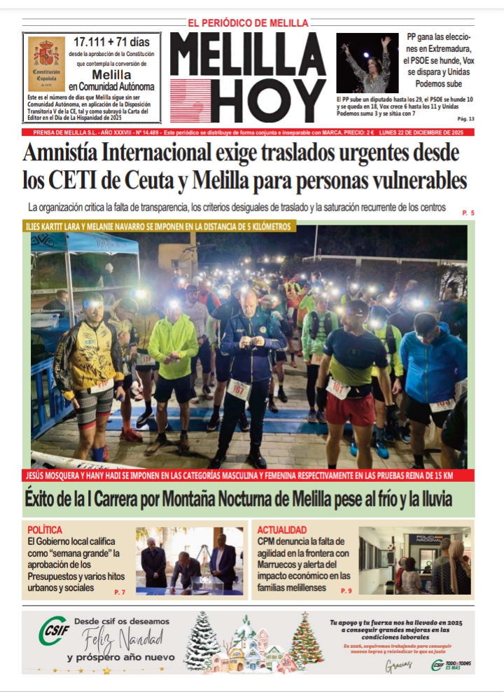 Portada del periódico Melilla Hoy del 22 de diciembre de 2025