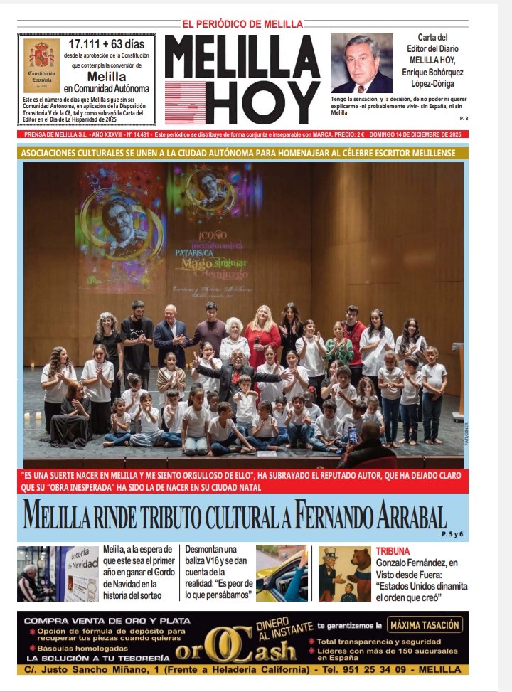 Portada del periódico Melilla Hoy del 14 de diciembre de 2025