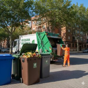 Camión de recogida de residuos orgánicos en Melilla con contenedores