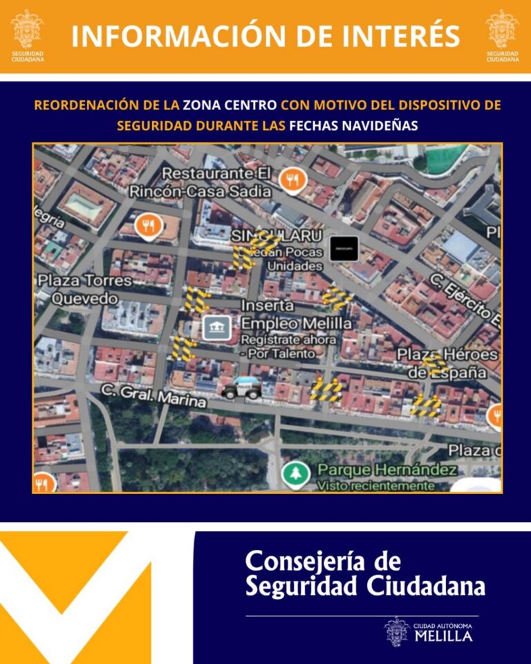 Mapa de restricciones de tráfico en el centro de Melilla durante Navidad