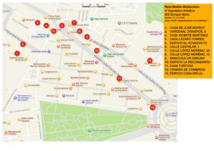 Mapa de la ruta modernista en Melilla con puntos de interés.