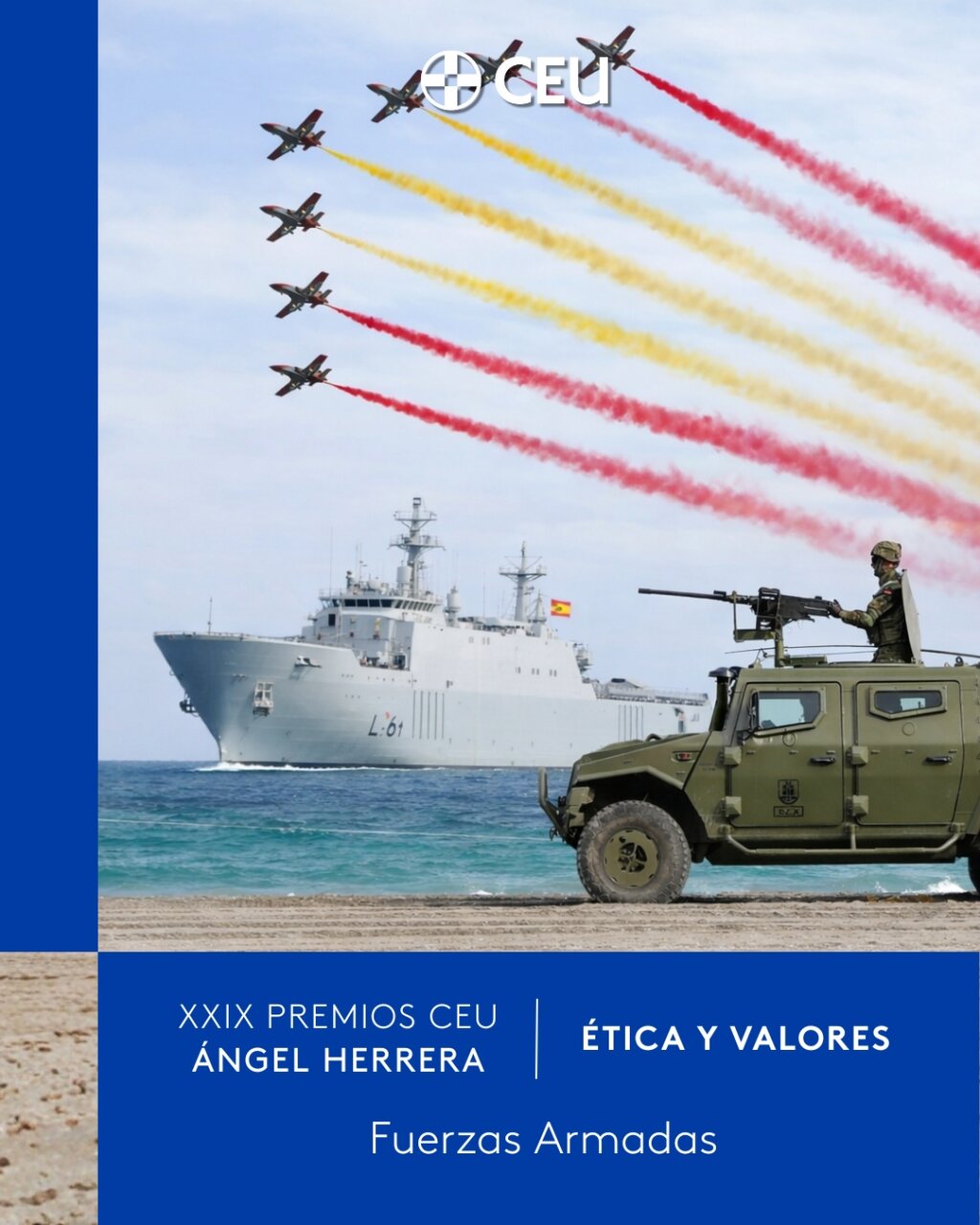 Aviones realizando acrobacias sobre un barco militar en el mar