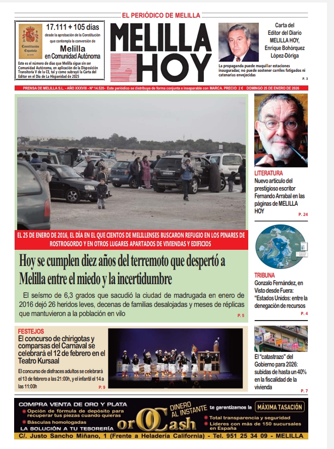Portada del periódico Melilla Hoy del 25 de enero de 2026