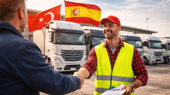 Dos hombres se dan la mano en un entorno de transporte con camiones y banderas.