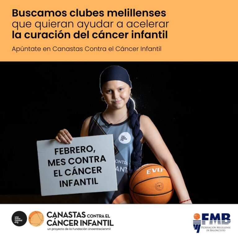 Niña con balón de baloncesto y cartel sobre cáncer infantil