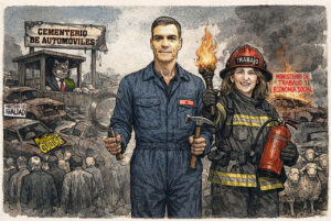 Ilustración crítica sobre Pedro Sánchez y el Ministerio de Trabajo