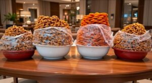 Bols de chebakia apilados listos para el Ramadán en Melilla