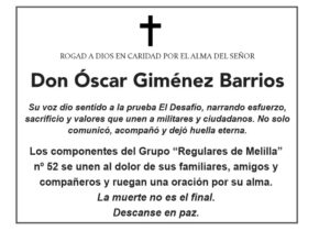 Obituario de Don Óscar Giménez Barrios con cruz y texto en homenaje.