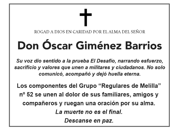 Obituario de Don Óscar Giménez Barrios con cruz y texto en homenaje.