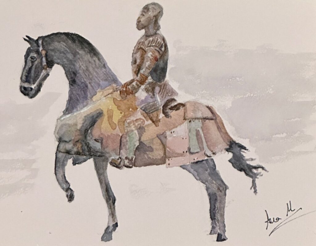 Dibujo de un caballero montado en un caballo en acuarela