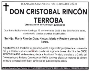 Esquela de Don Cristóbal Rincón Terroba, trabajador jubilado de Unicaja