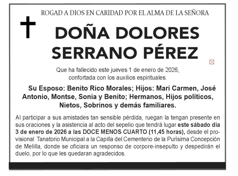 Esquela de Doña Dolores Serrano Pérez con detalles del fallecimiento