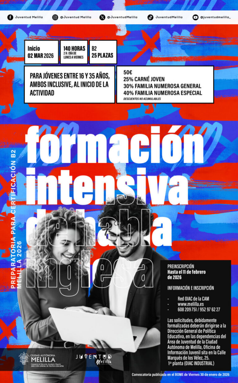 Cartel del curso intensivo de inglés B2 para jóvenes en Melilla