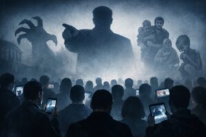 Ilustración sobre el miedo en la política contemporánea y su impacto social.