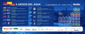 Cartel de los II Juegos del Agua en Melilla con fechas y eventos destacados.