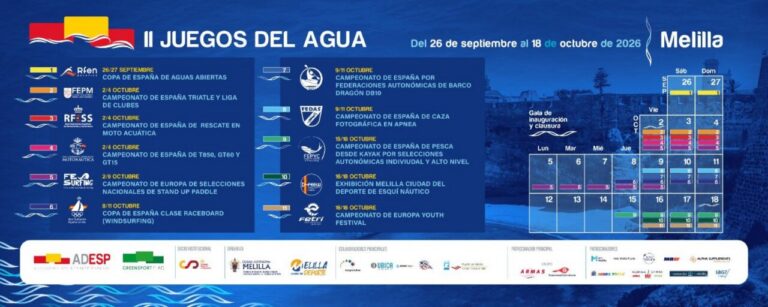 Cartel de los II Juegos del Agua en Melilla con fechas y eventos destacados.