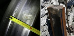 Imagen del carril fracturado en el accidente de Adamuz con medición