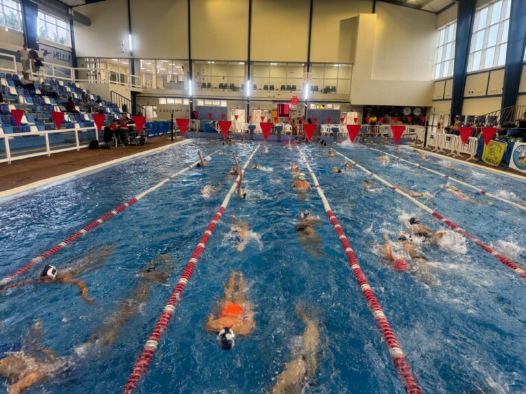 Nadadores compitiendo en la piscina durante la jornada de natación en Melilla