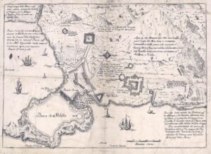 Mapa antiguo de la Plaza de Melilla con detalles geográficos y militares.