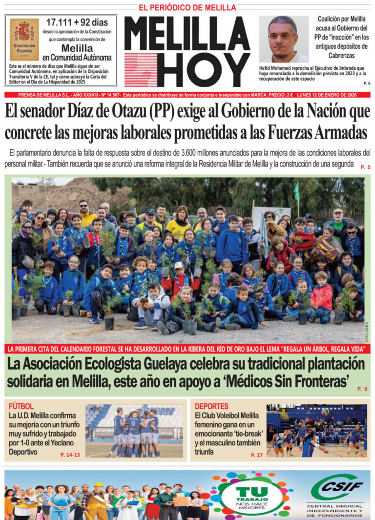 Portada del periódico Melilla Hoy del 12 de enero de 2026