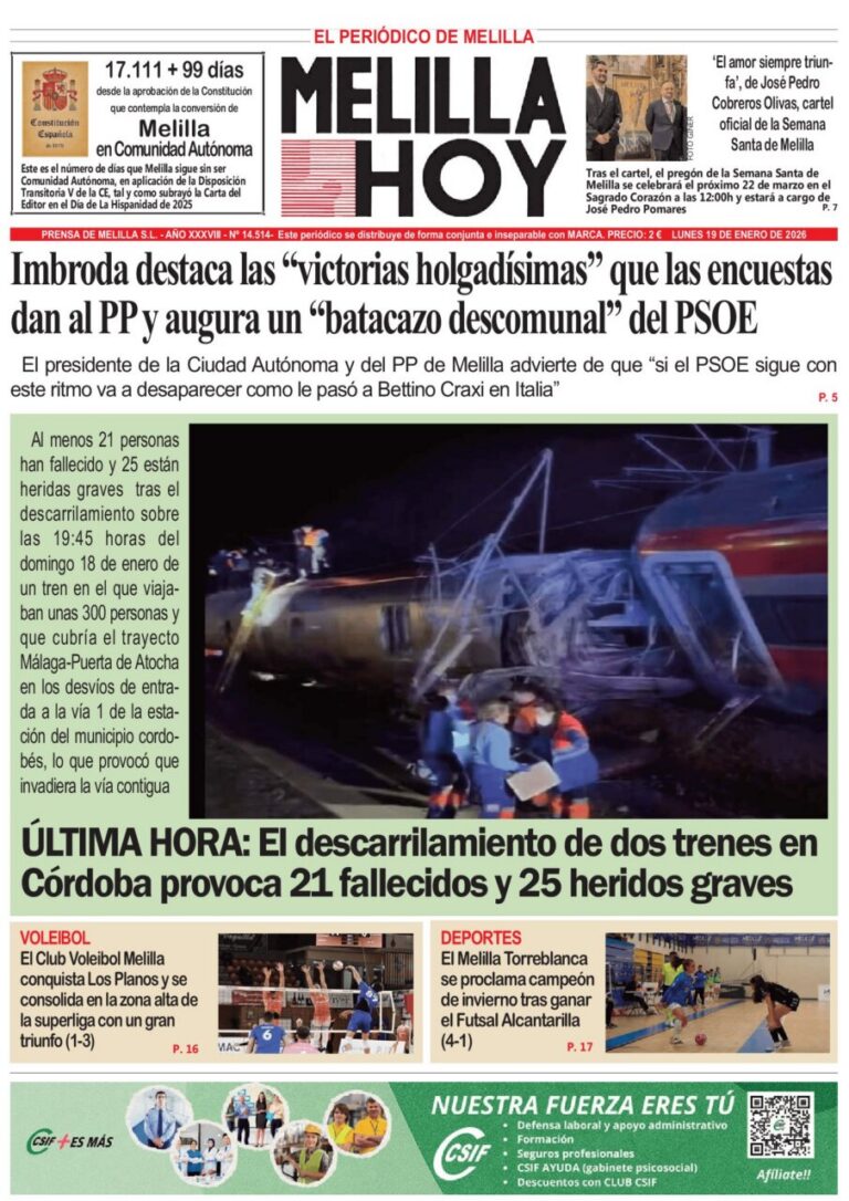 Portada del periódico Melilla Hoy del 19 de enero de 2026