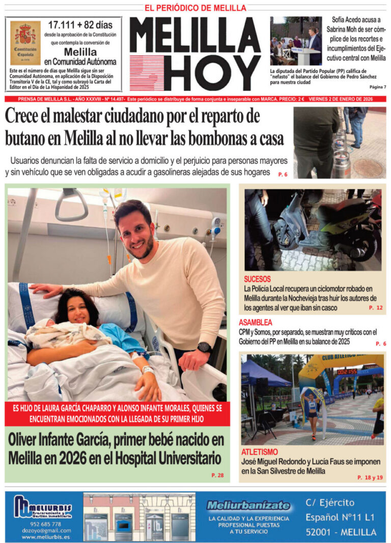 Portada del periódico Melilla Hoy del 2 de enero de 2026 con noticias locales.