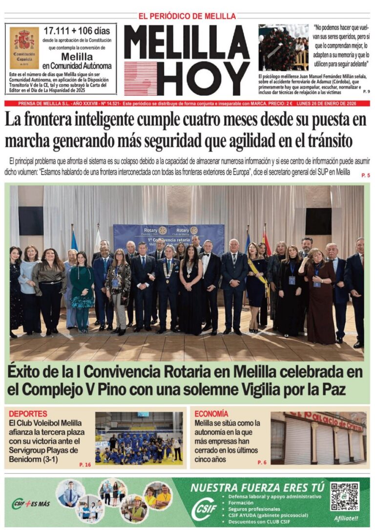 Portada del periódico Melilla Hoy del 26 de enero de 2026