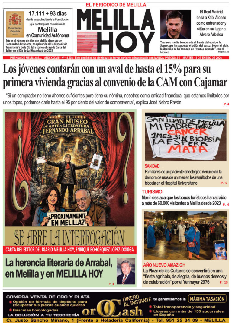 Portada del periódico Melilla Hoy del martes 13 de enero de 2026